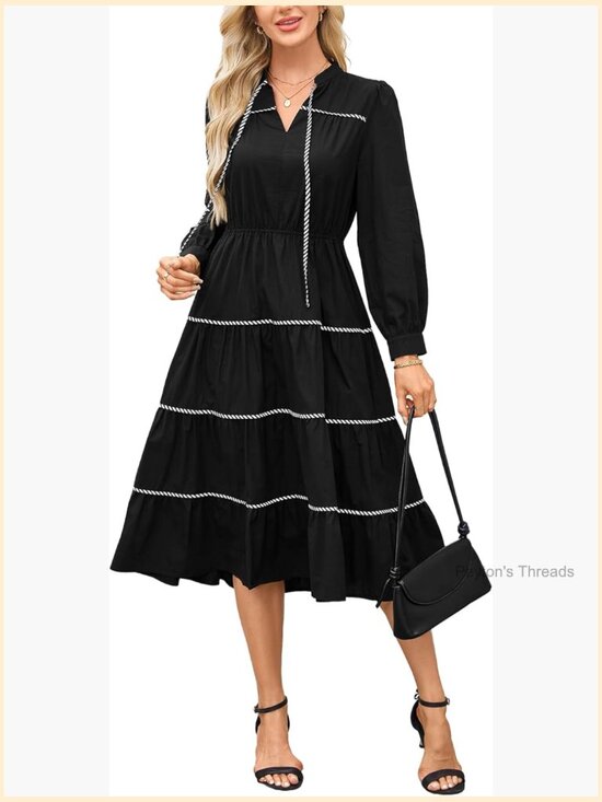 Dresses & Skirts - Women's Long Sleeve Tiered Midi Dress V Neck Elastic Waist Flowy Ruffle Dress